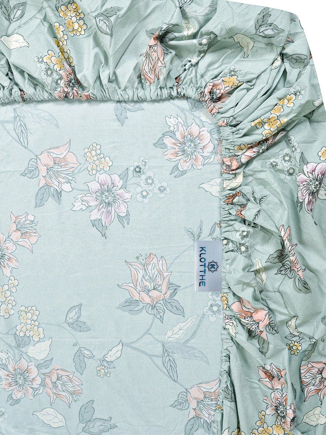 Green Floral 300 TC Cotton Blend Fitted Single Bedsheet with Pillow Cover