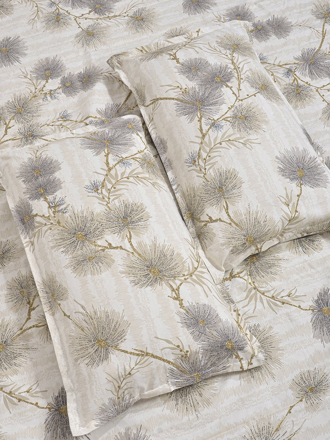 Beige Floral 300 TC Cotton Blend Fitted Double Bedsheet with 2 Pillow Covers