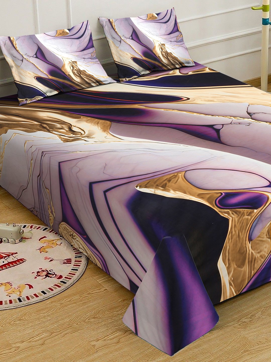 Purple Digital Abstract Printed Cotton Blend Fitted Double Bedsheet with 2 Pillow Covers
