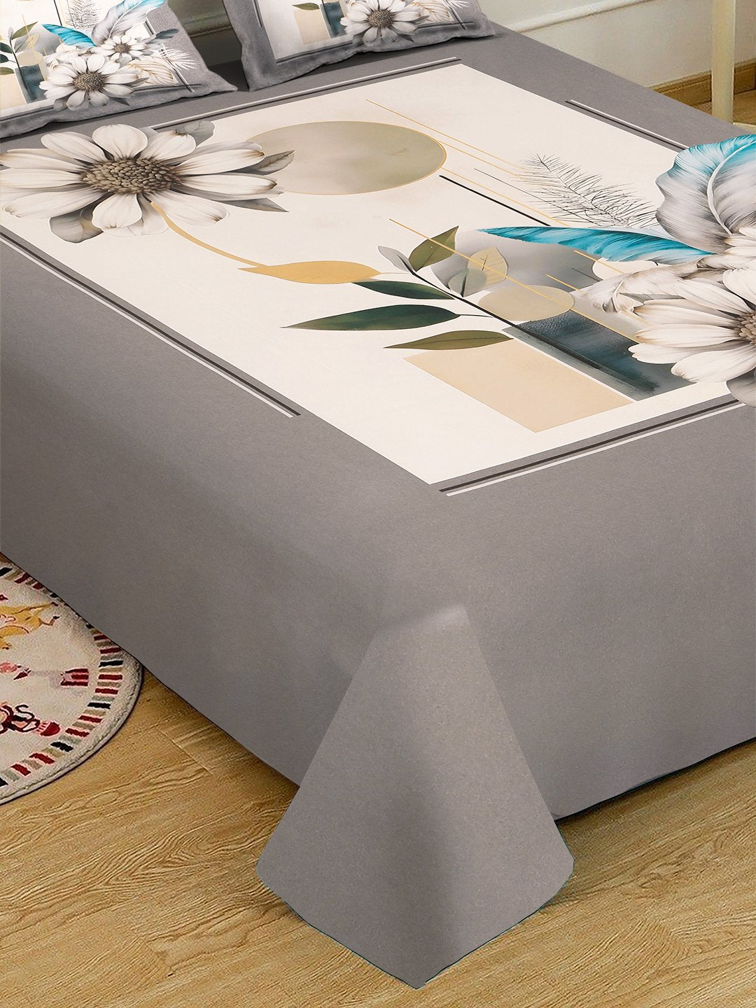 Grey Digital Floral Printed Cotton Blend Fitted Double Bedsheet with 2 Pillow Covers