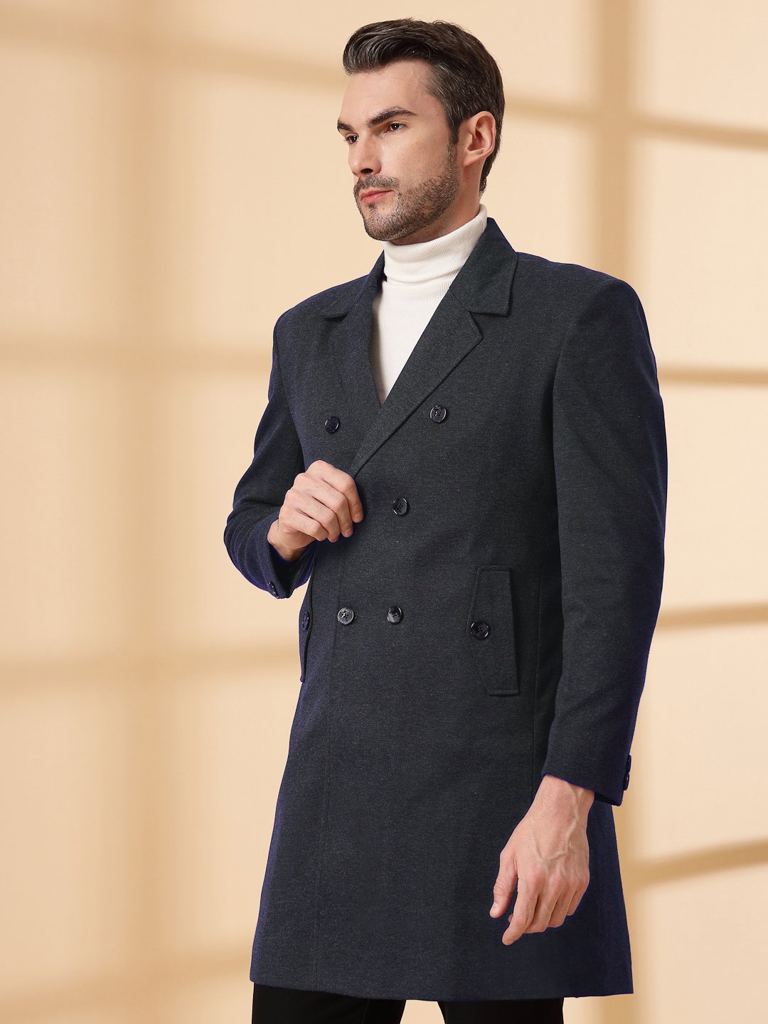 Dark Grey Long Sleeve Double-Breasted Woolen Coat