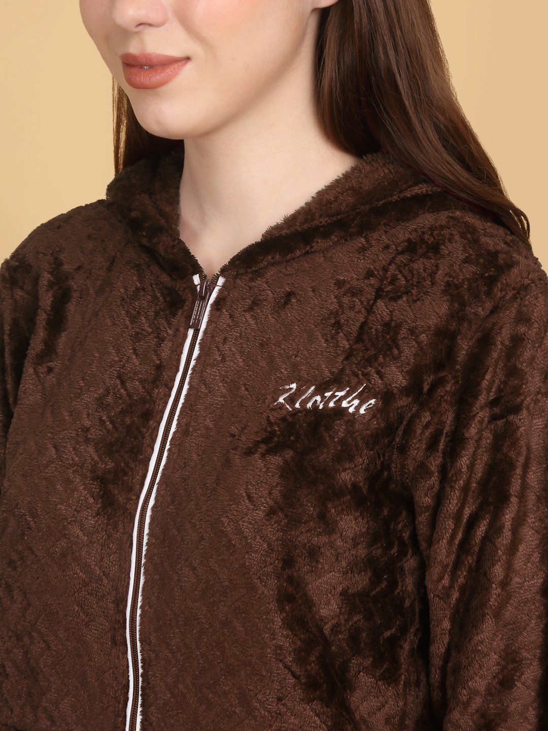 Women Dark Brown Solid Hooded Woolen Night Suit