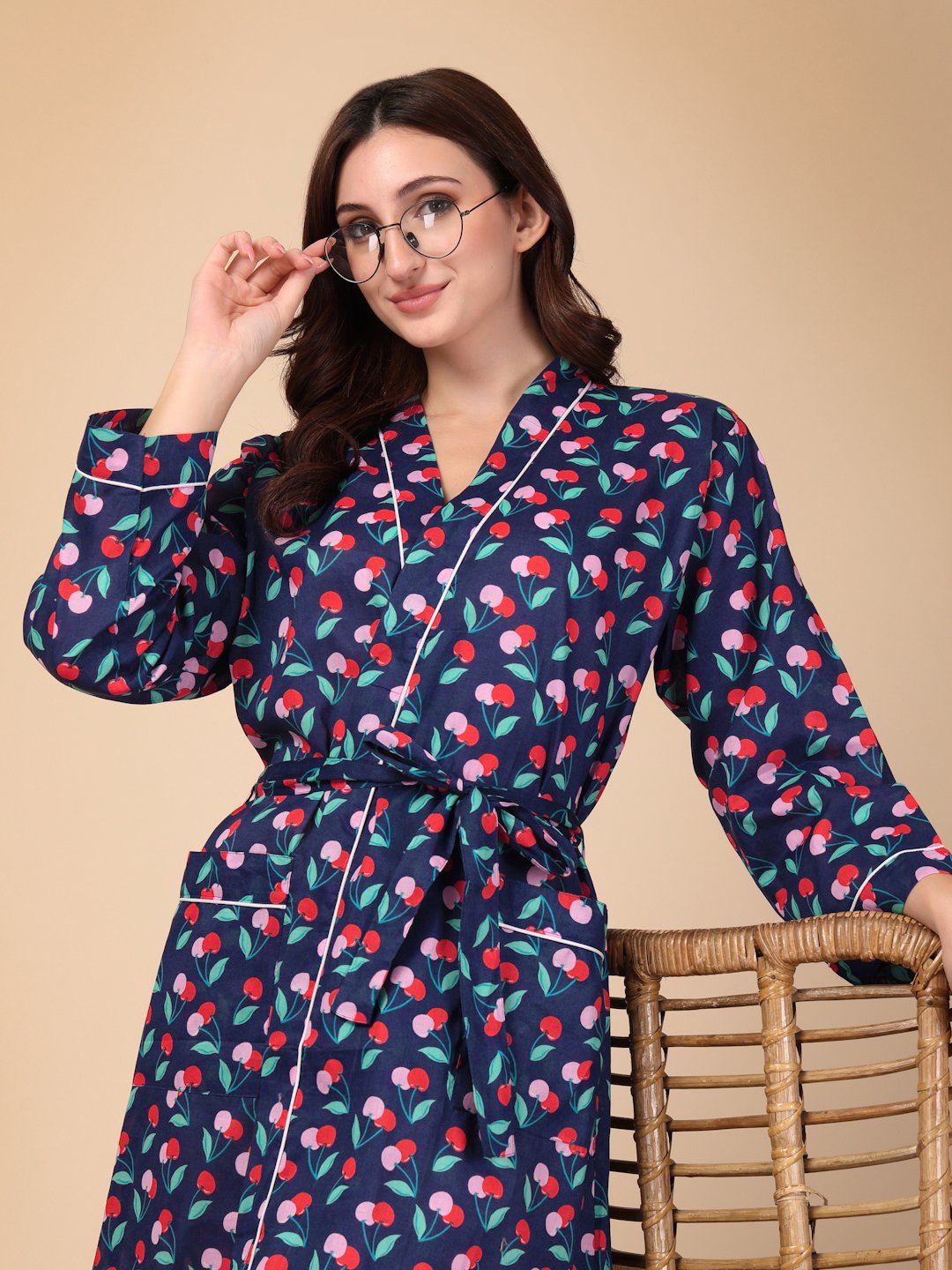 Women Printed Blue Abstract Pure Cotton Bath Robe With Belt