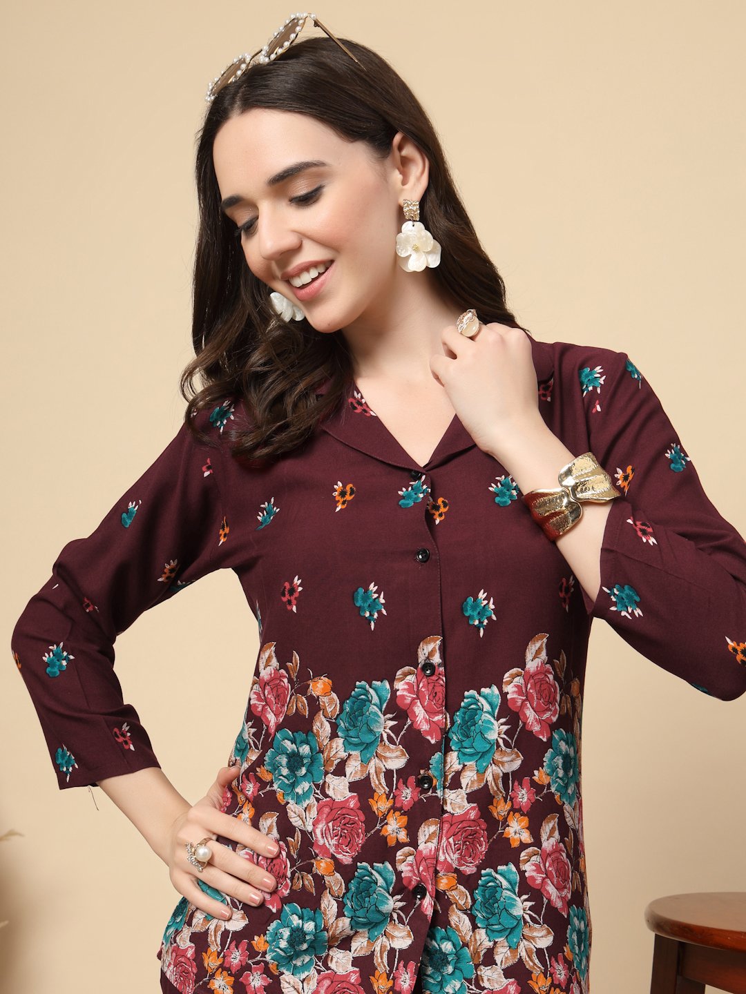 Wine Cotton Printed Shirt With Trousers Co-Ords Set