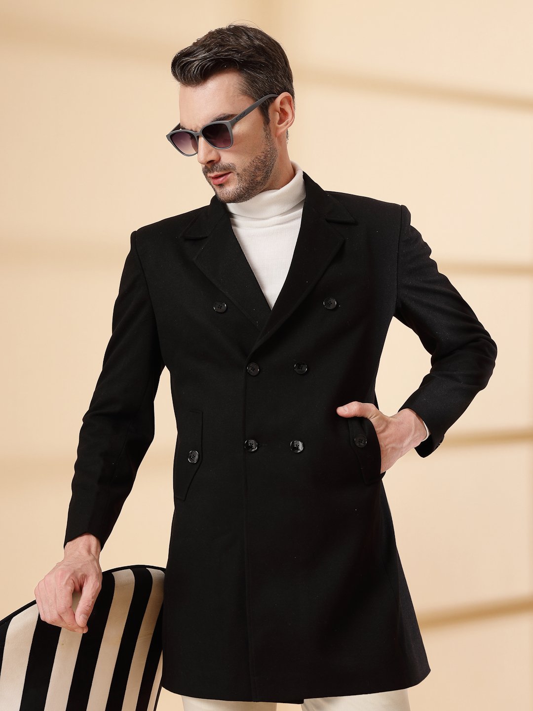 Black Long Sleeve Double-Breasted Woolen Coat