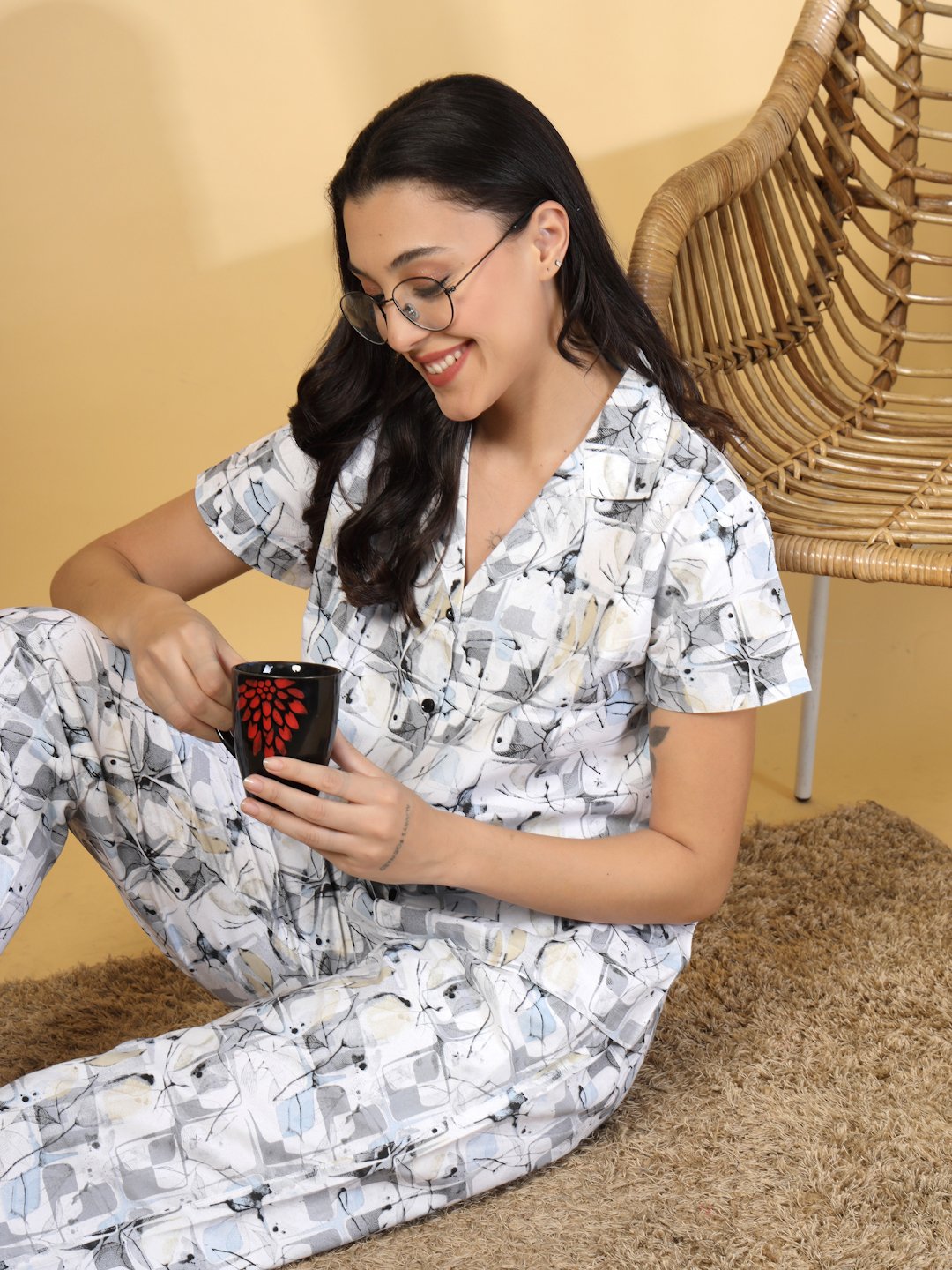 Women Multi Abstract Cotton Blend Night Suit