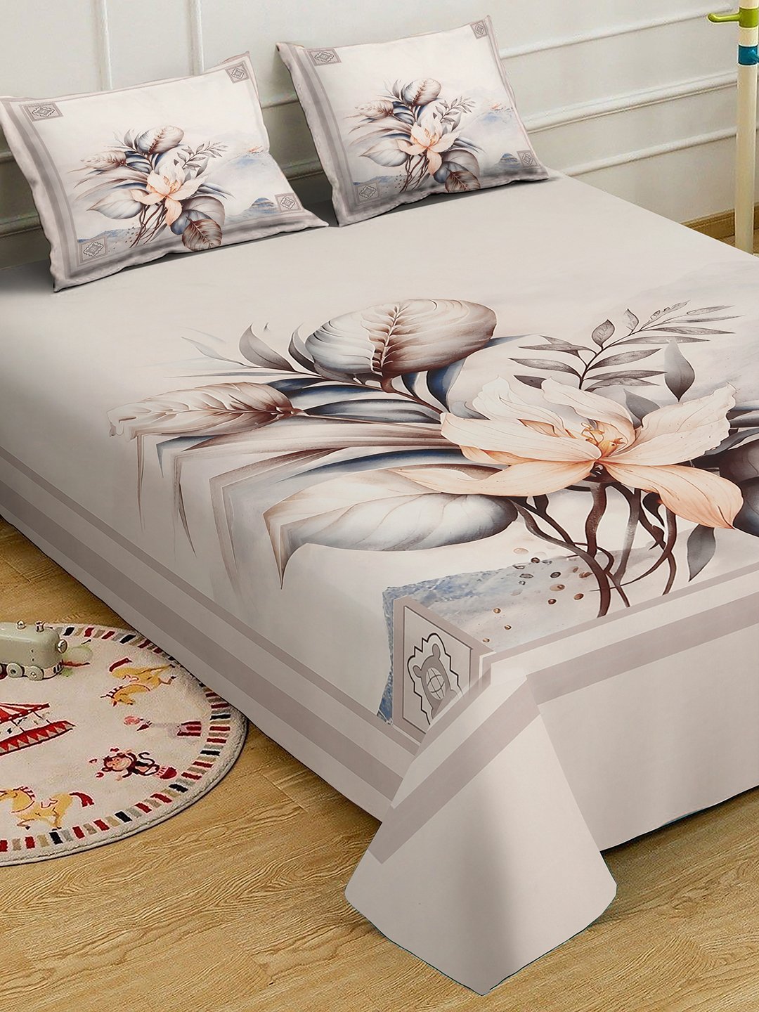Cream Digital Floral Printed Cotton Blend Fitted Double Bedsheet with 2 Pillow Covers