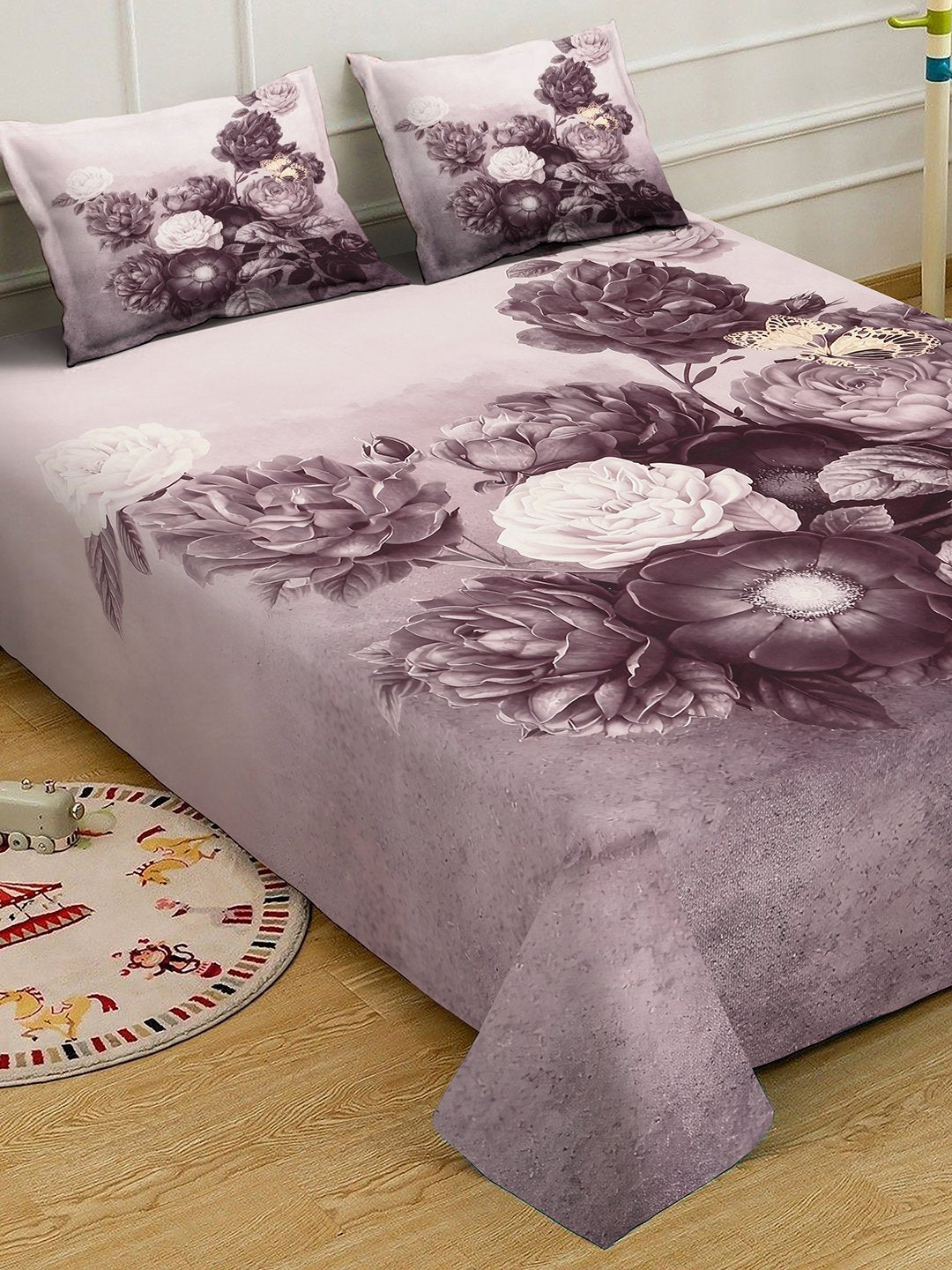 Wine Digital Floral Printed Cotton Blend Double Bedsheet with 2 Pillow Covers