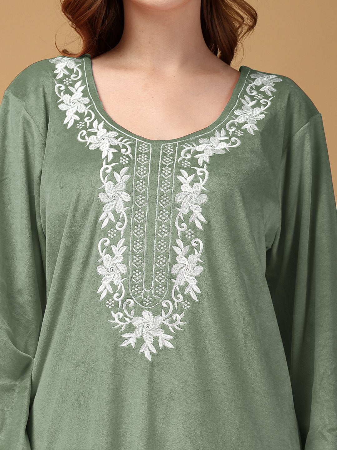 Klotthe Olive Solid Soft touch Velvet Maxi Nightdress