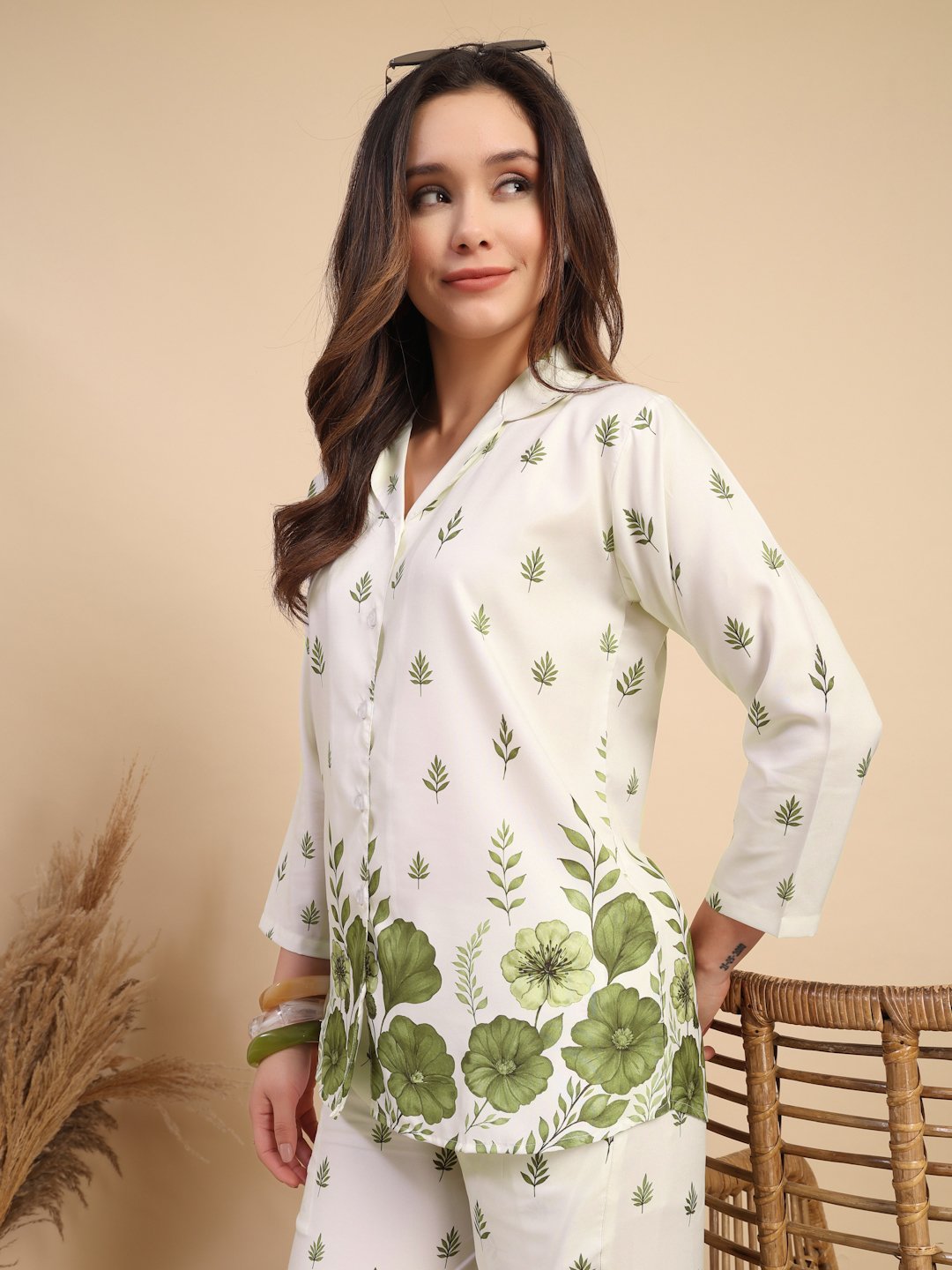 Cream Cotton Printed Shirt With Trousers Co-Ords Set
