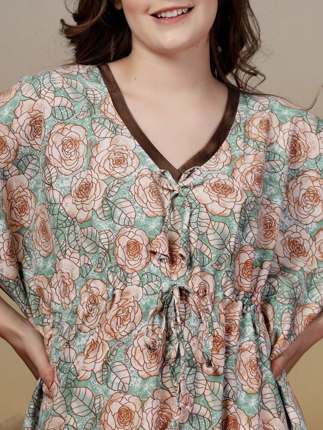 Green Floral Cotton Blend Kaftan Maxi Nightdress