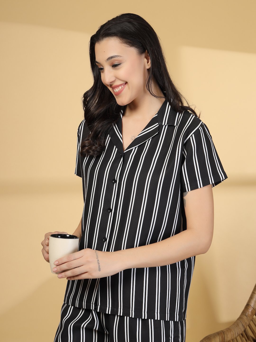 Women Black Striped Cotton Blend Night Suit