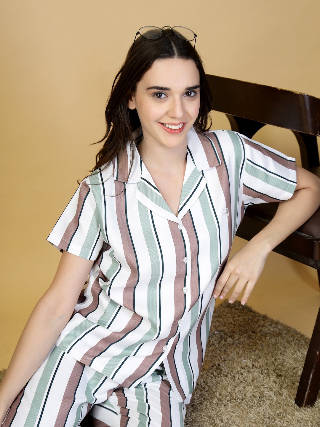 Women Multi Striped Cotton Blend Night Suit