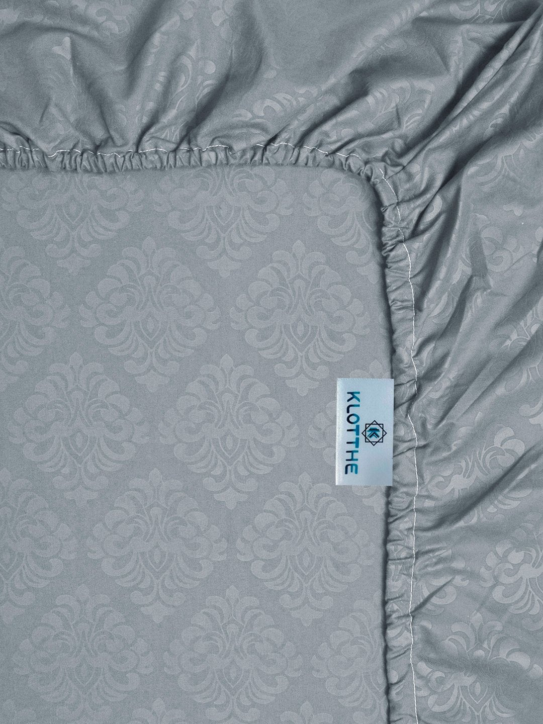 Grey Floral Embossed Cotton Blend Fitted Fitted Single Bedsheet with Pillow Cover
