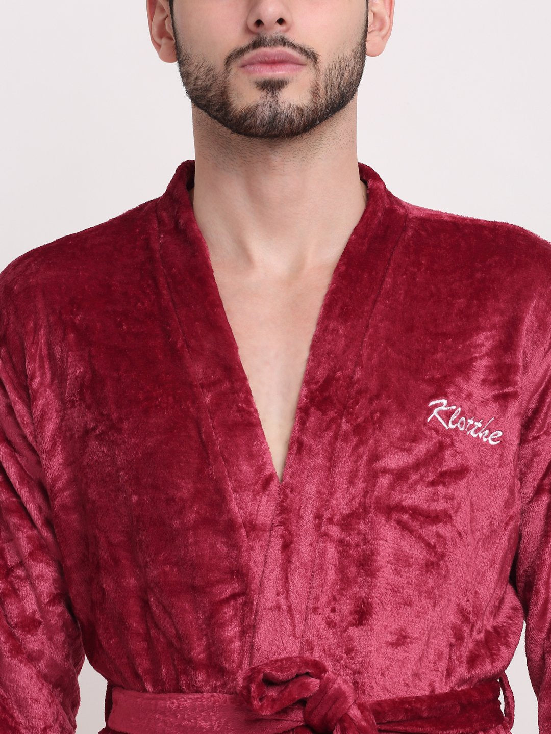 Men Red Solid Wool Bath Robe With Belt