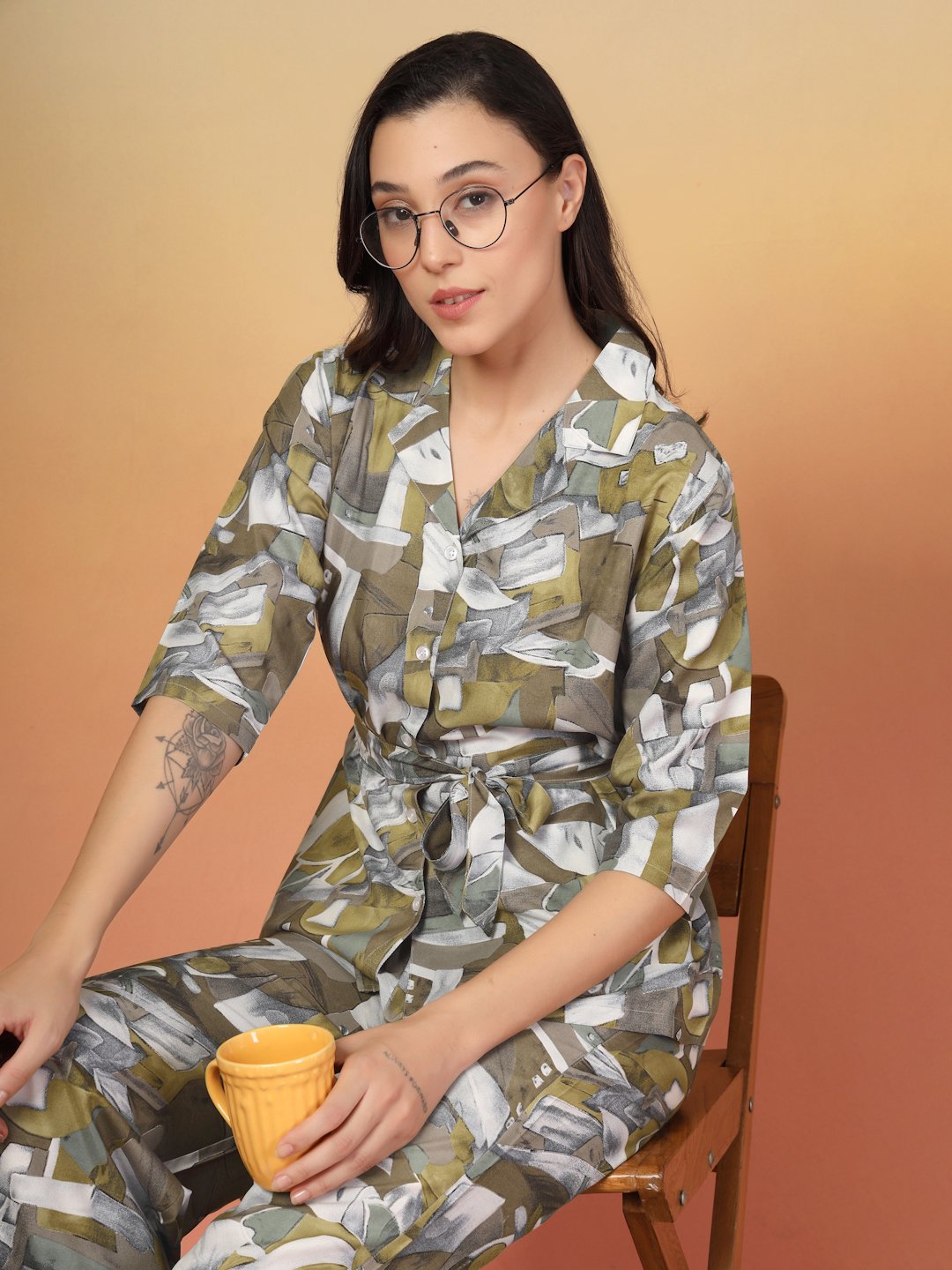 Women Brown Floral Cotton Blend Night Suit with Robe