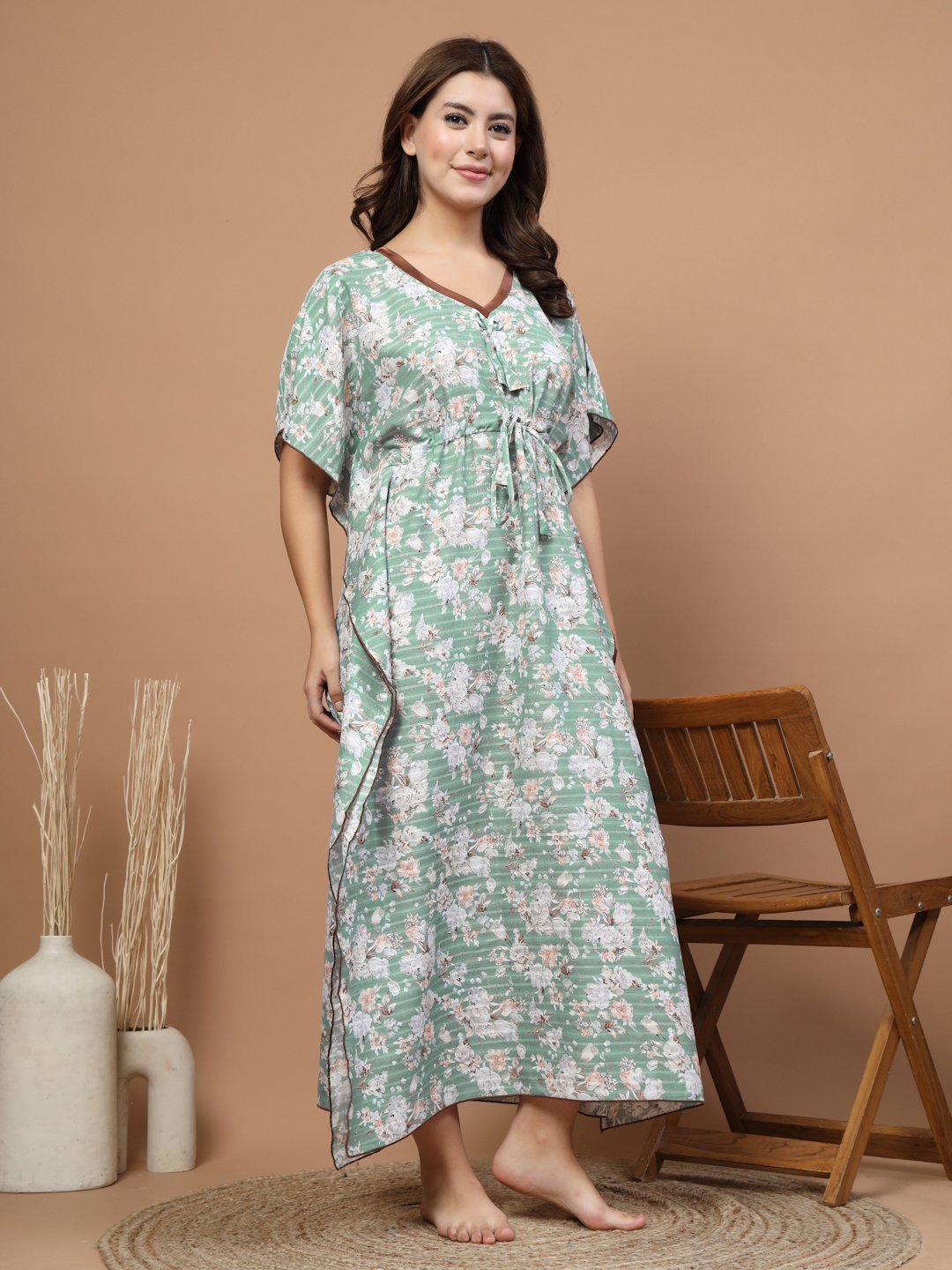 Green Floral Cotton Blend Kaftan Maxi Nightdress