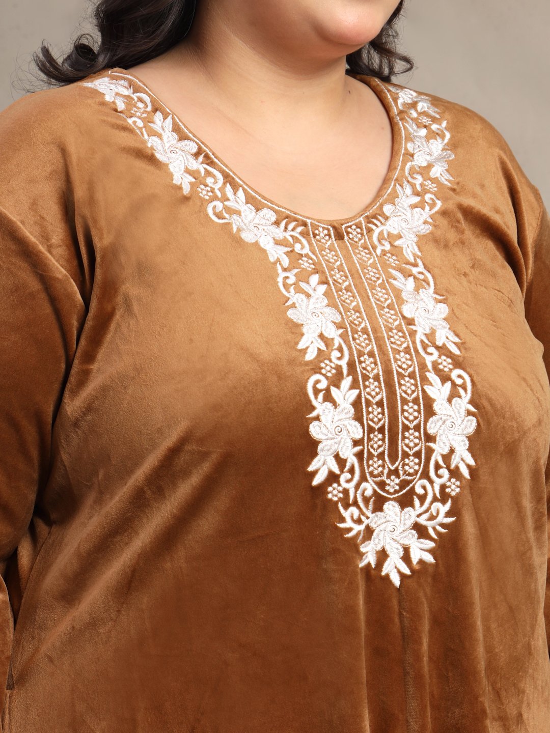 Klotthe Brown Solid Soft touch Velvet Maxi Nightdress