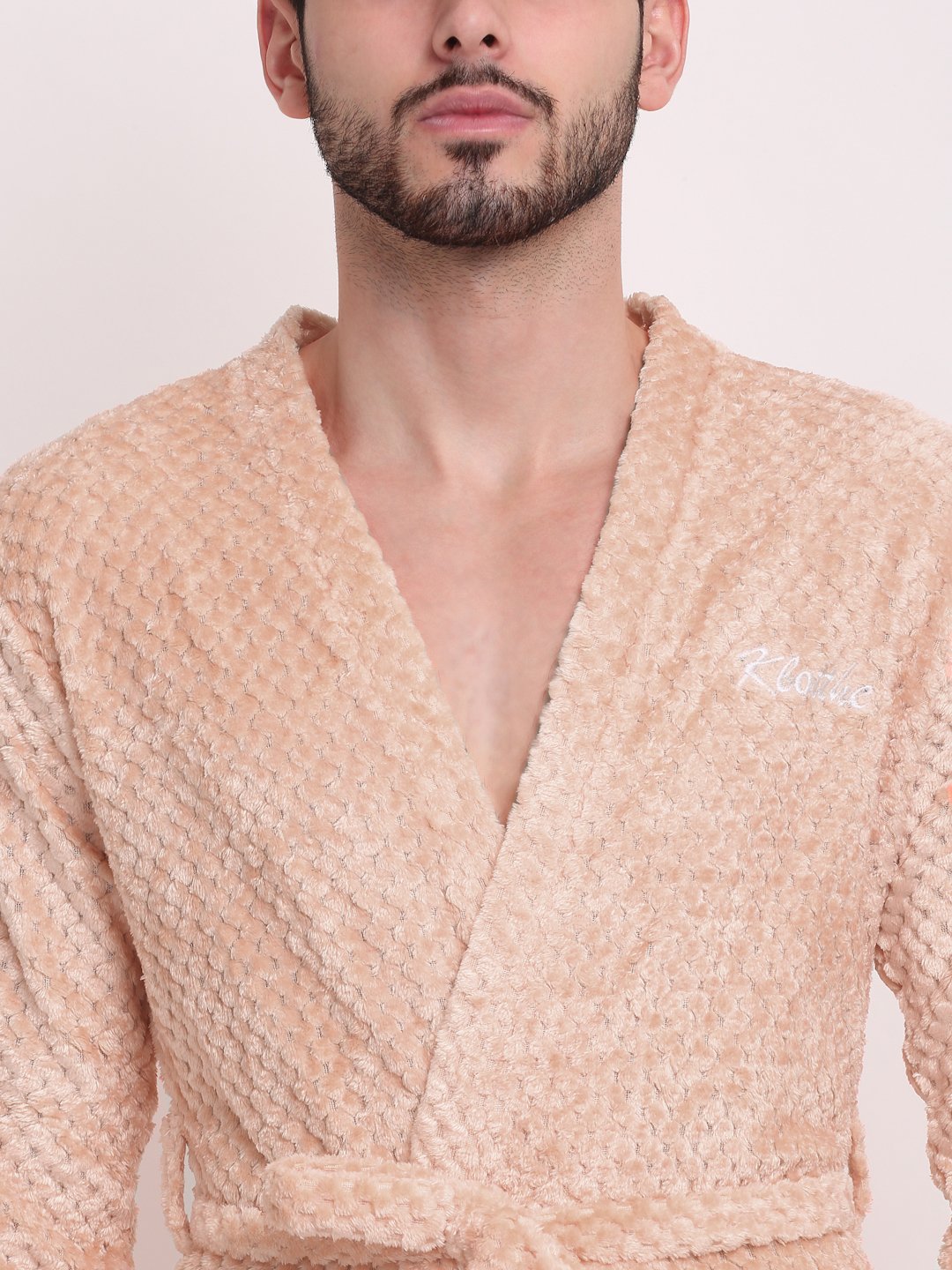 Men Peach Self Design Wool Bath Robe With Belt