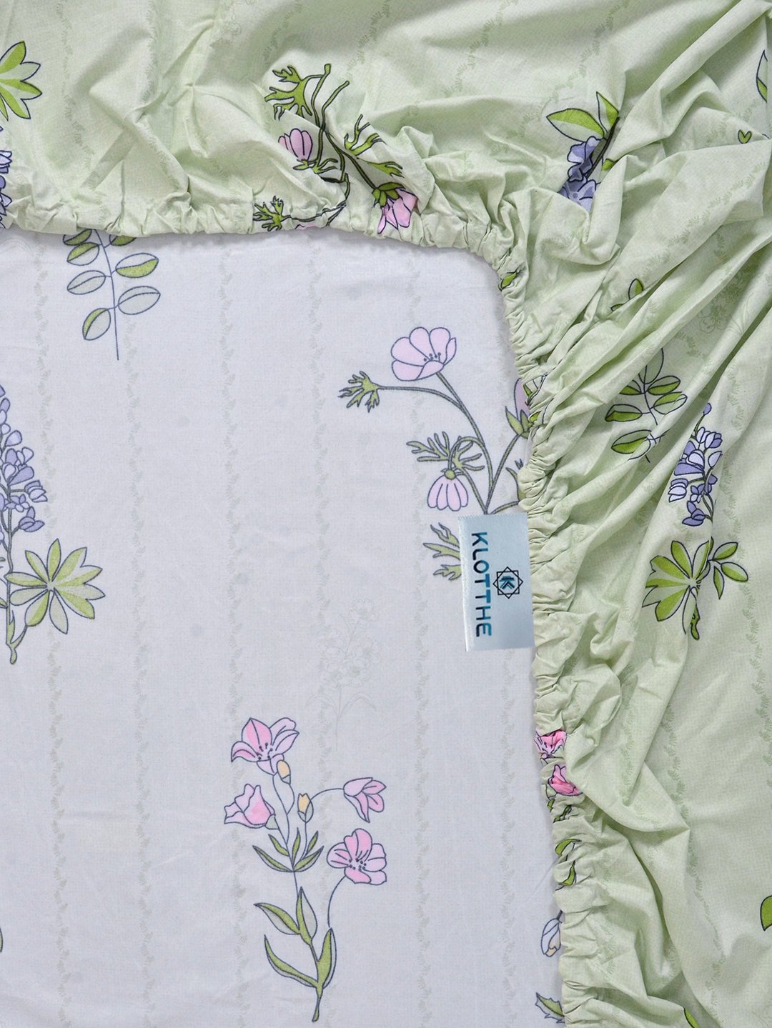 Green Floral 300 TC Cotton Blend Fitted Single Bedsheet with Pillow Cover