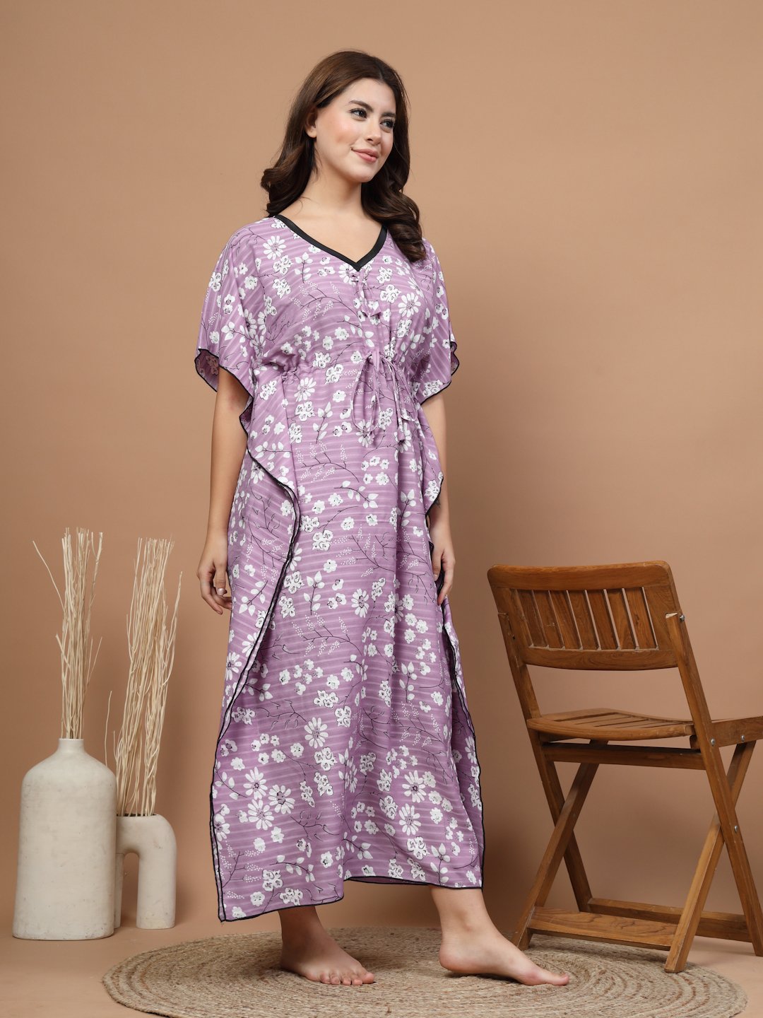Pink Floral Cotton Blend Kaftan Maxi Nightdress
