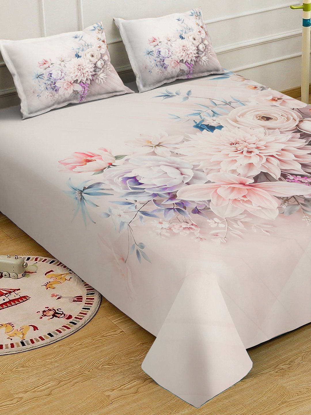 Multi Digital Floral Printed Cotton Blend Double Bedsheet with 2 Pillow Covers