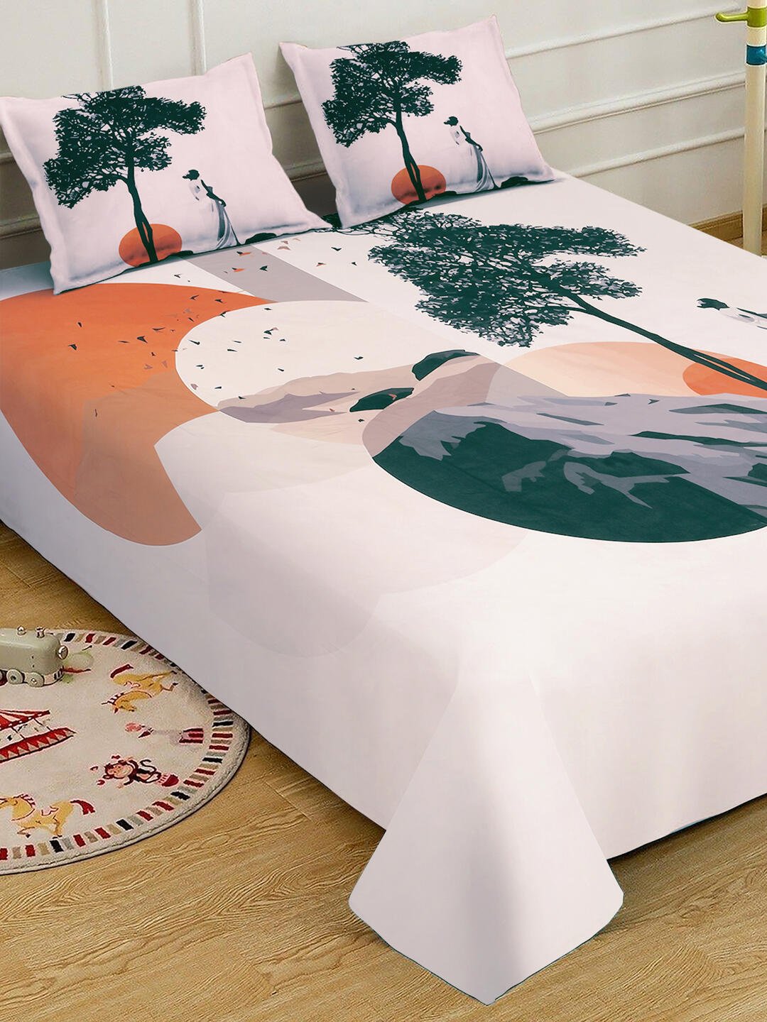 Cream Digital Abstract Printed Fitted Cotton Blend Double Bedsheet with 2 Pillow Covers
