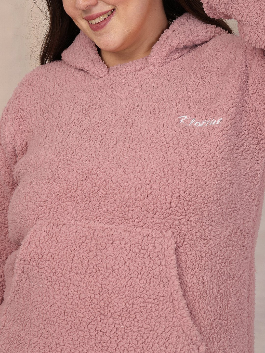 Women Rust Solid Sherpa Heavy Winter Hooded Pluz Size Woolen Night Suit