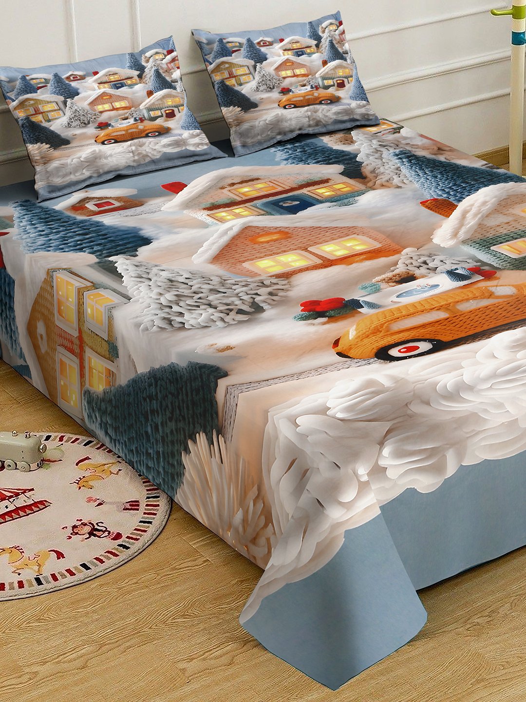 Multi Digital Cartoon Characters Printed Cotton Blend Double Bedsheet with 2 Pillow Covers