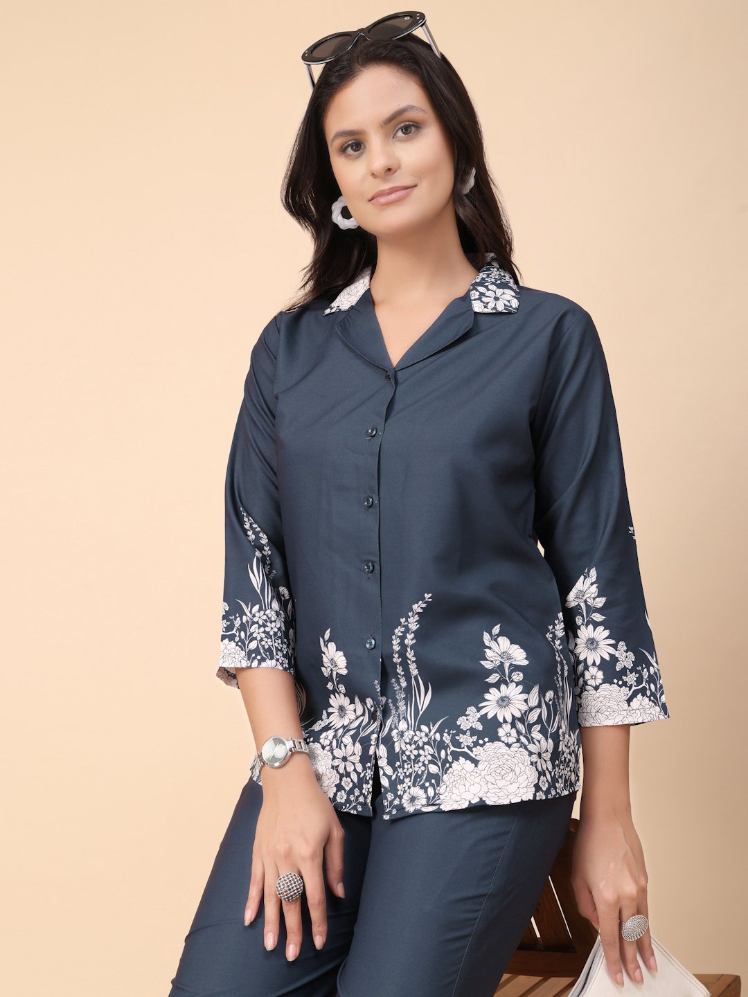 Blue Cotton Printed Shirt With Trousers Co-Ords Set