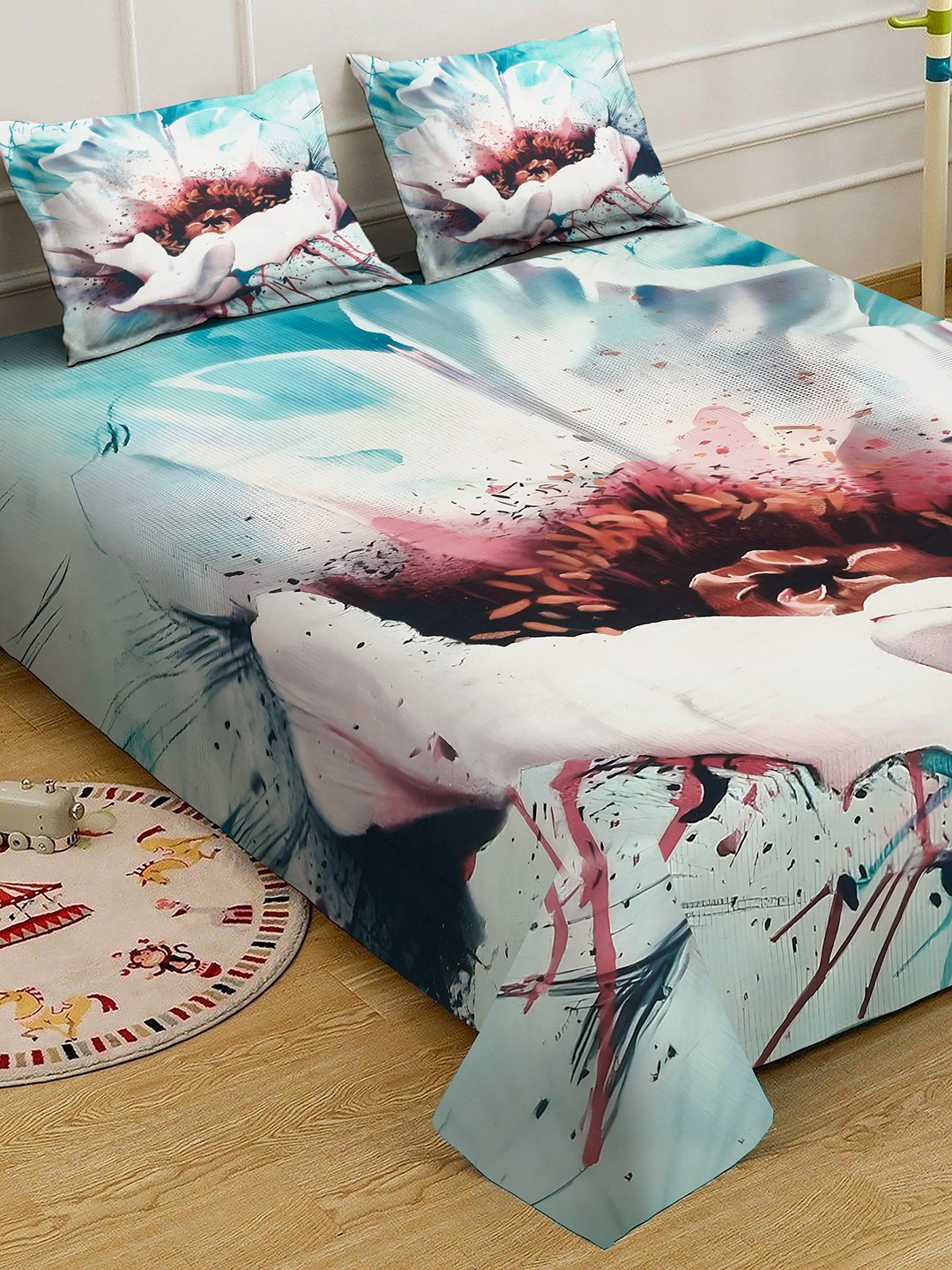 Multi Digital Floral Printed Cotton Blend Double Bedsheet with 2 Pillow Covers