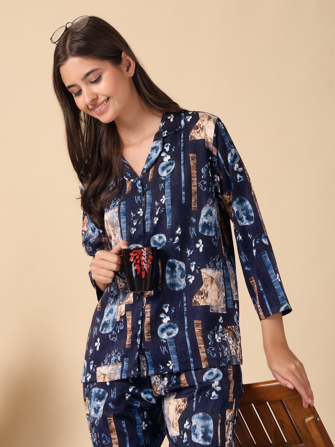 Blue Geometric Cotton Blend Women Night Suit