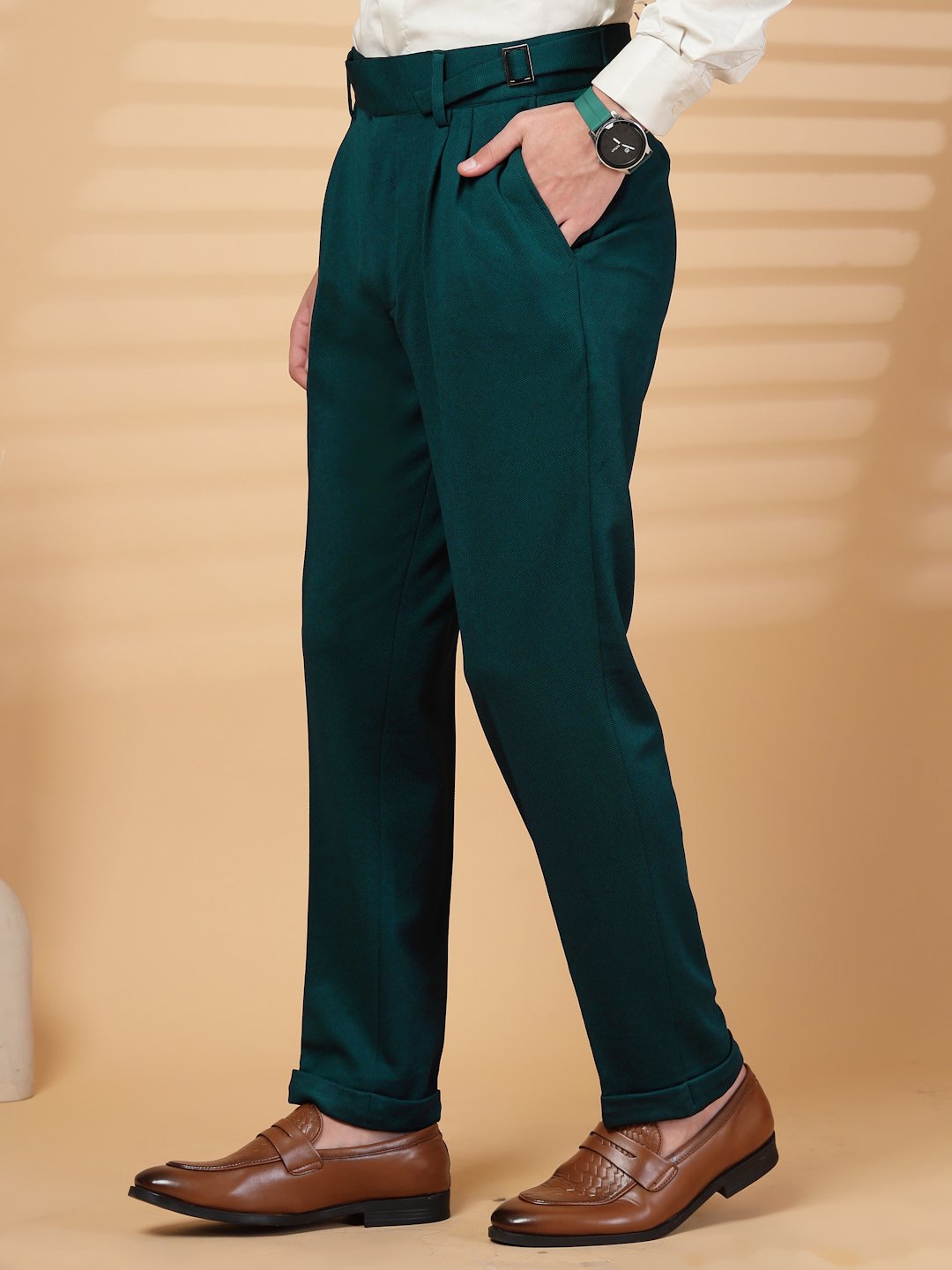 Green Lycra Cotton Solid Smart Fit Formal Trouser