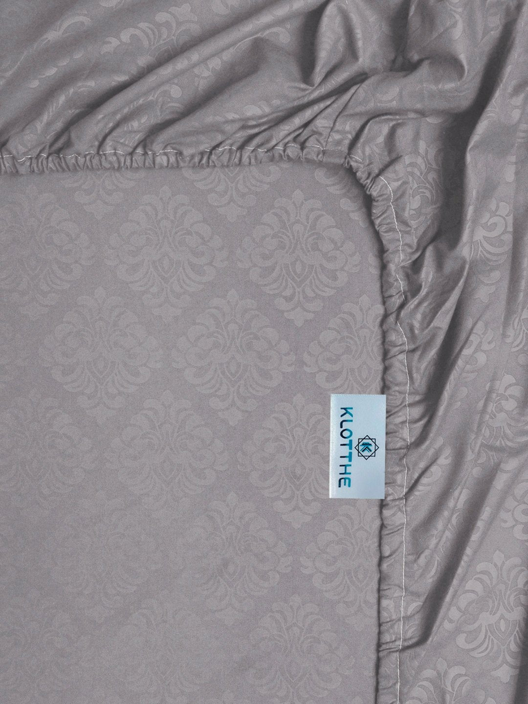 Grey Floral Embossed Cotton Blend Fitted Double Bedsheet with 2 Pillow Covers
