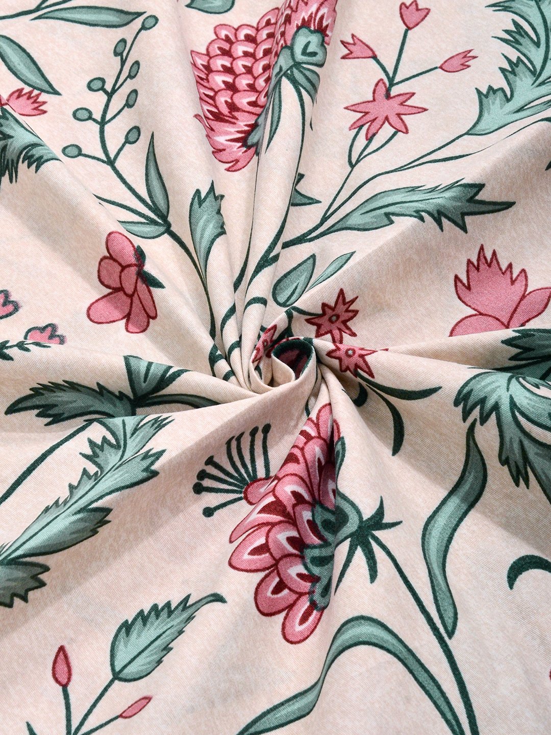 Beige Floral Cotton Blend Fitted Single Bedsheet with Pillow Cover