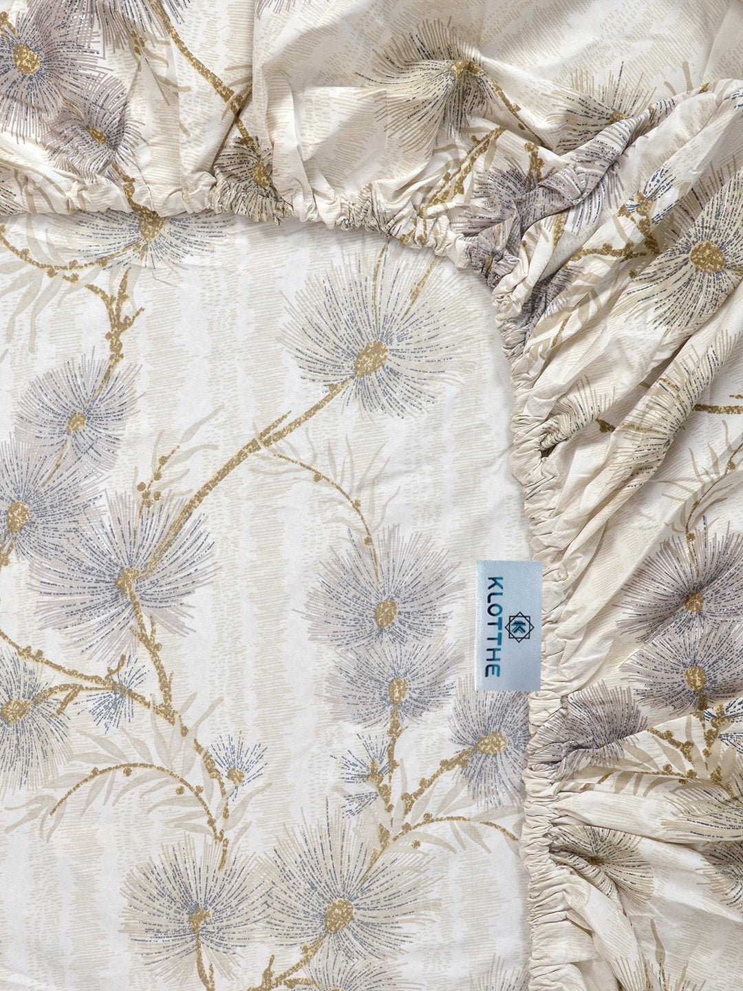 Beige Floral 300 TC Cotton Blend Fitted Single Bedsheet with Pillow Cover