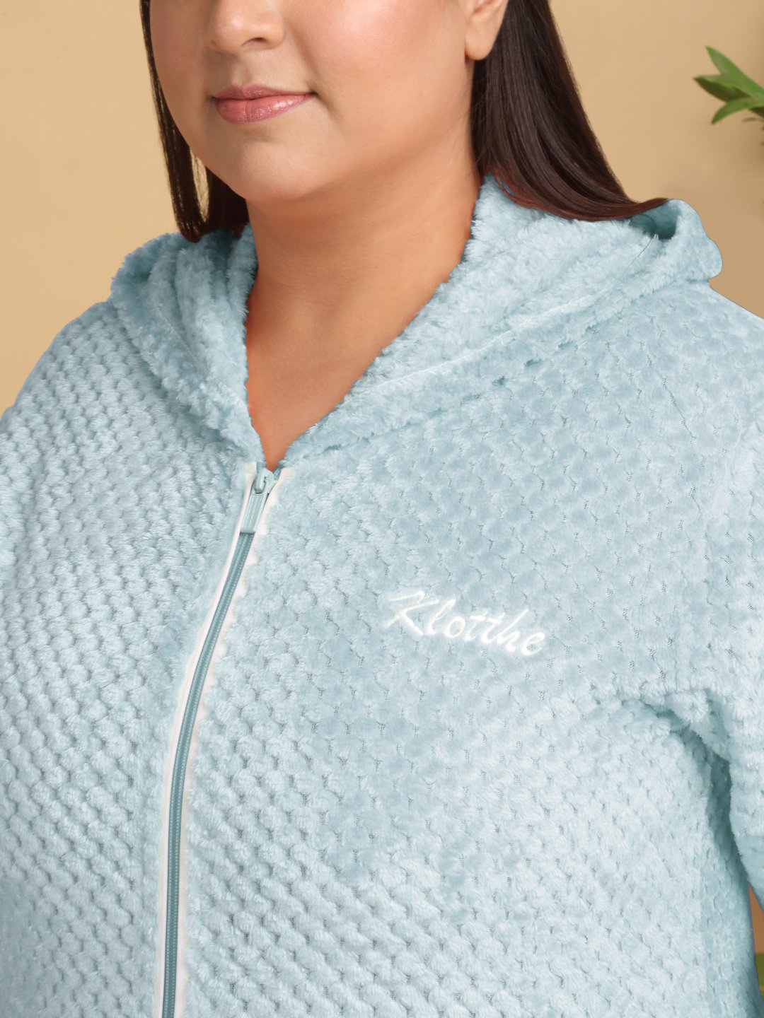 Women Turquoise Solid Hooded Woolen Night Suit