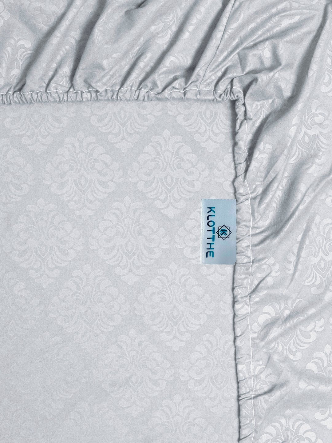 Grey Floral Embossed Cotton Blend Fitted Fitted Single Bedsheet with Pillow Cover