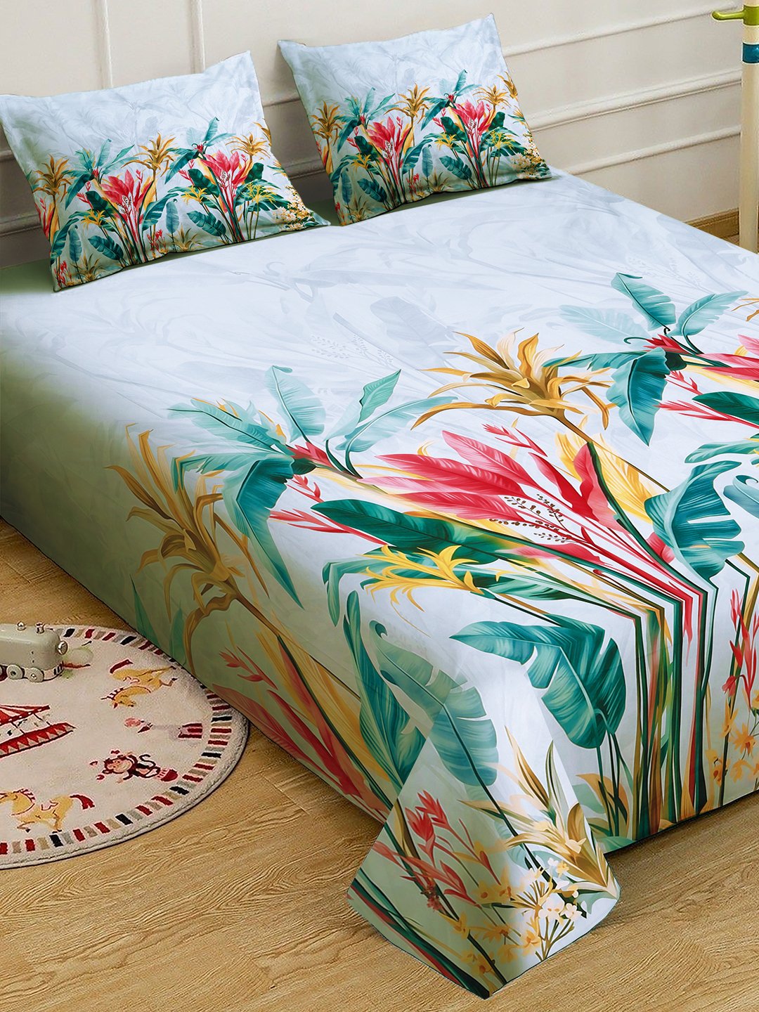 SkyBlue Digital Floral Printed Cotton Blend Fitted Double Bedsheet with 2 Pillow Covers