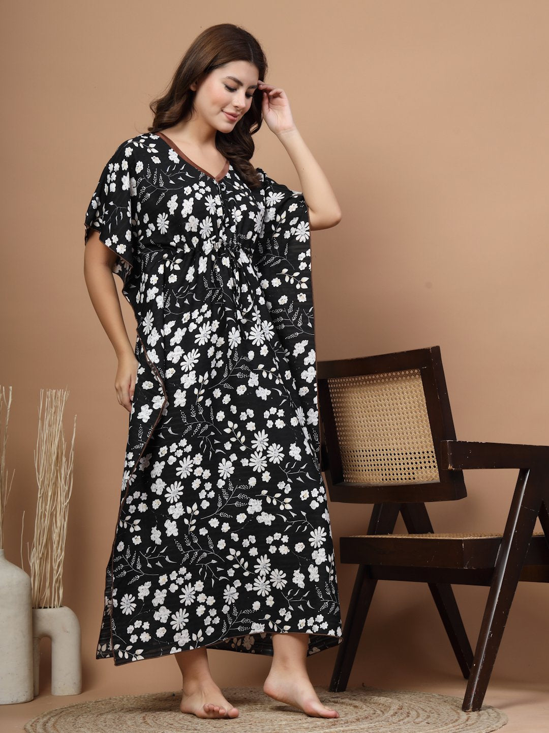 Black Floral Cotton Blend Kaftan Maxi Nightdress