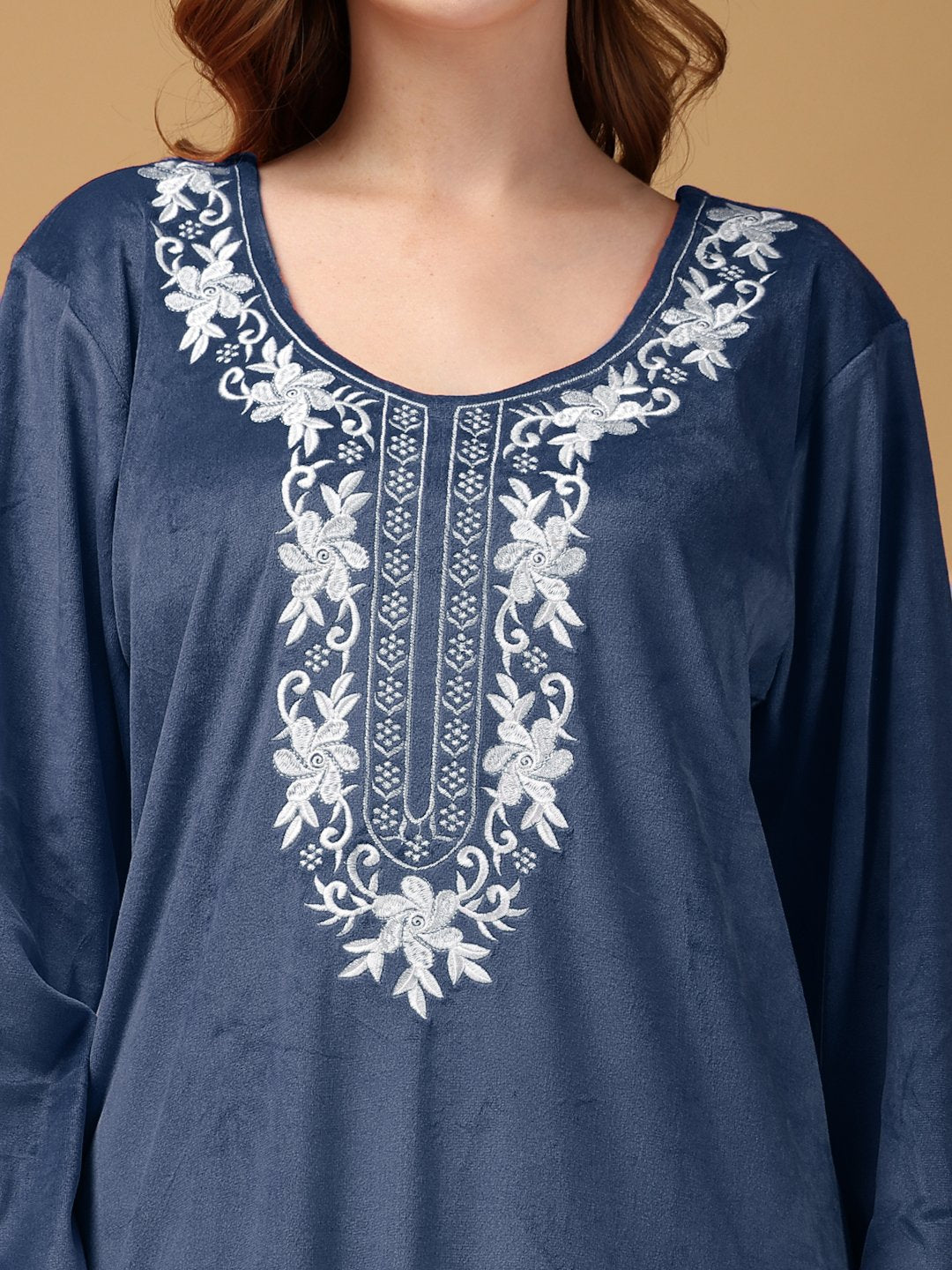 Klotthe Blue Solid Soft touch Velvet Maxi Nightdress