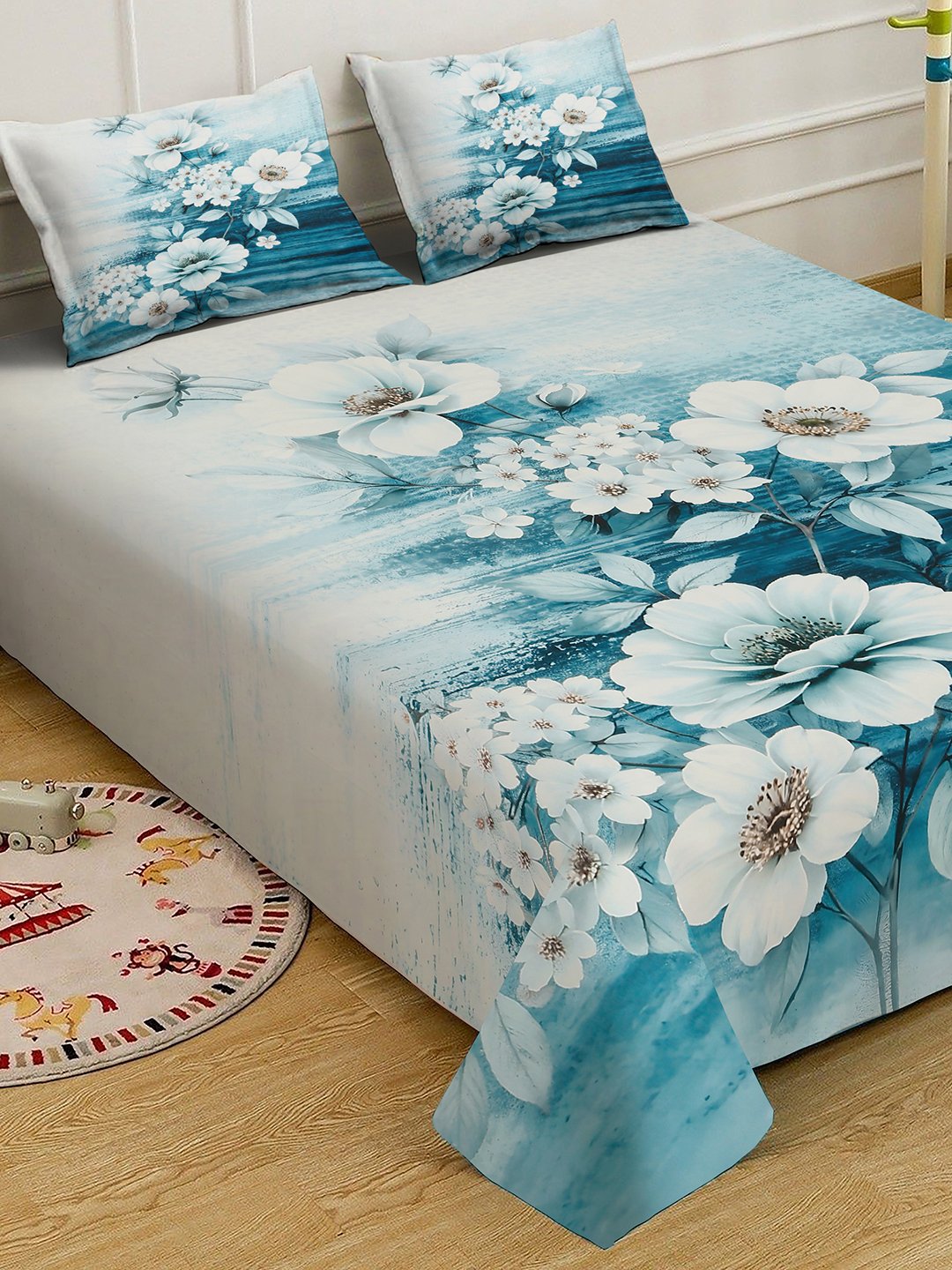 Blue Digital Floral Printed Cotton Blend Fitted Double Bedsheet with 2 Pillow Covers