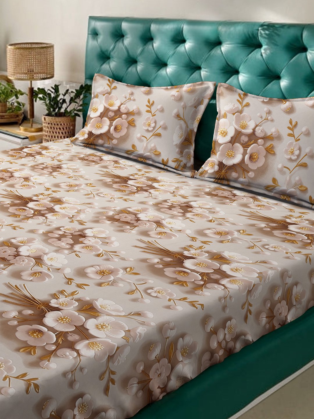 Cream Floral 7D King Size Cotton Blend Fitted Double Bedsheet with 2 Pillow Covers