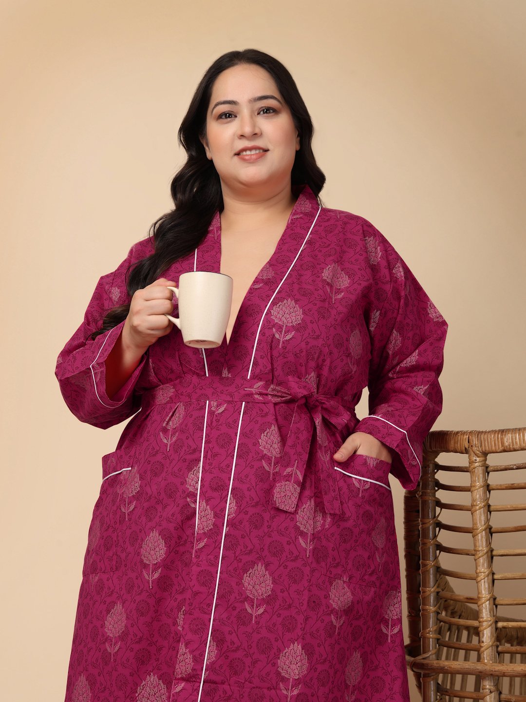 Women Printed Pink Floral Plus Size Pure Cotton Bath Robe With Belt