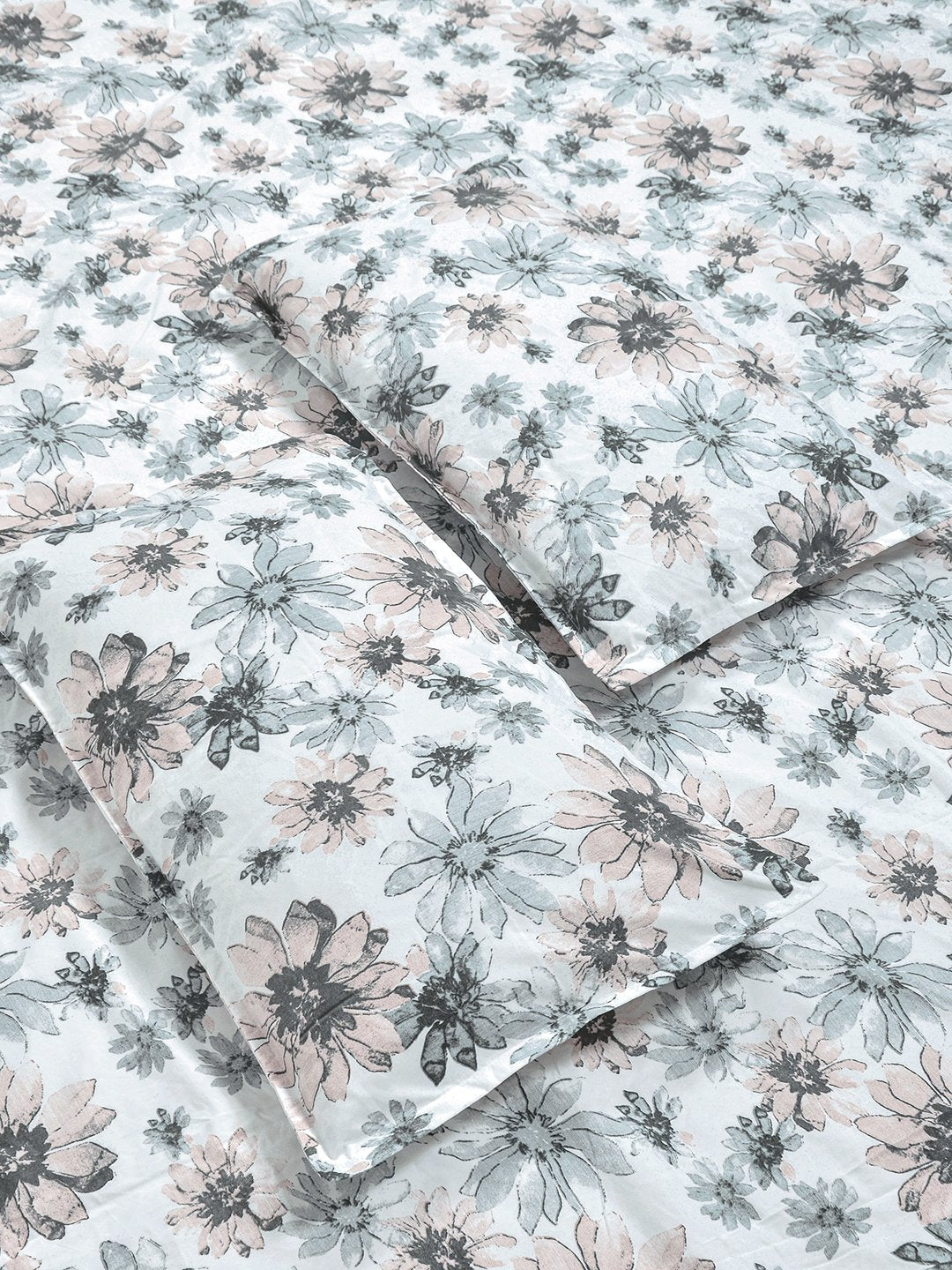 White Floral 300 TC Cotton Blend Fitted Double Bedsheet with 2 Pillow Covers