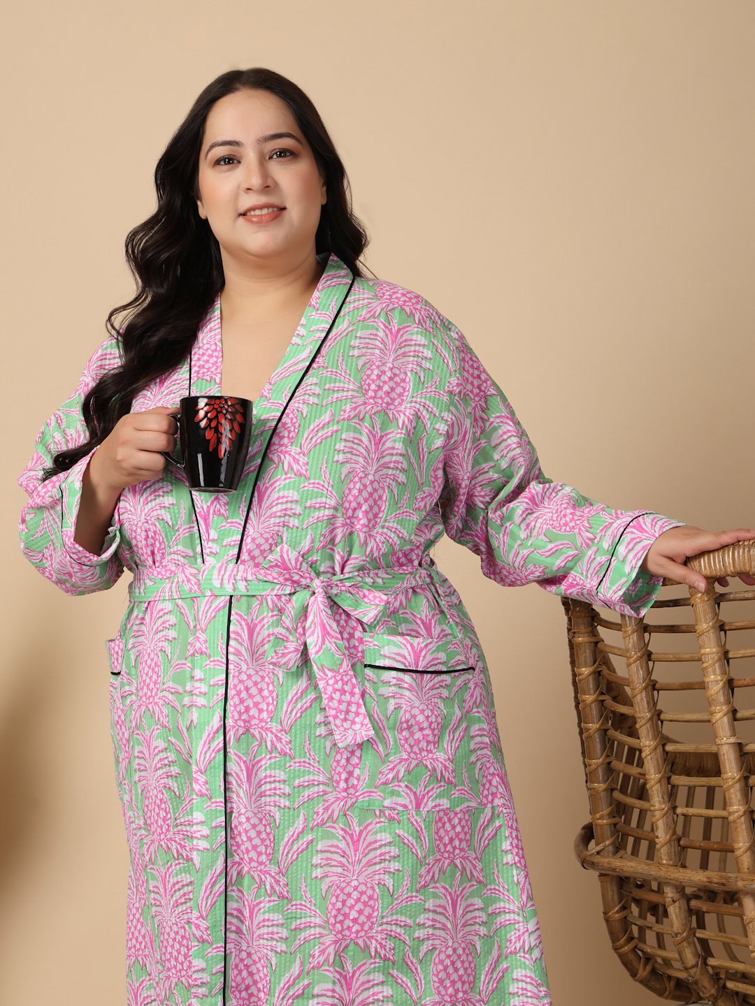 Women Printed Green Floral Plus Size Pure Cotton Bath Robe With Belt