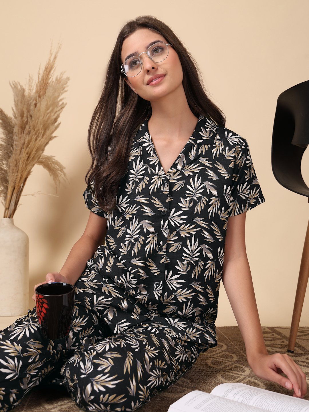 Black Floral Cotton Blend Women Night Suit