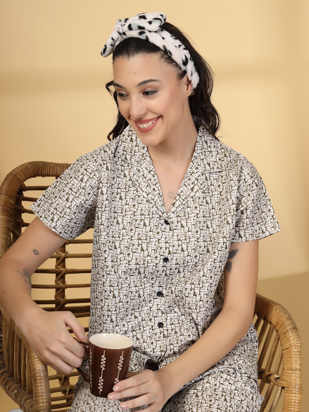 Women Brown Abstract Cotton Blend Night Suit