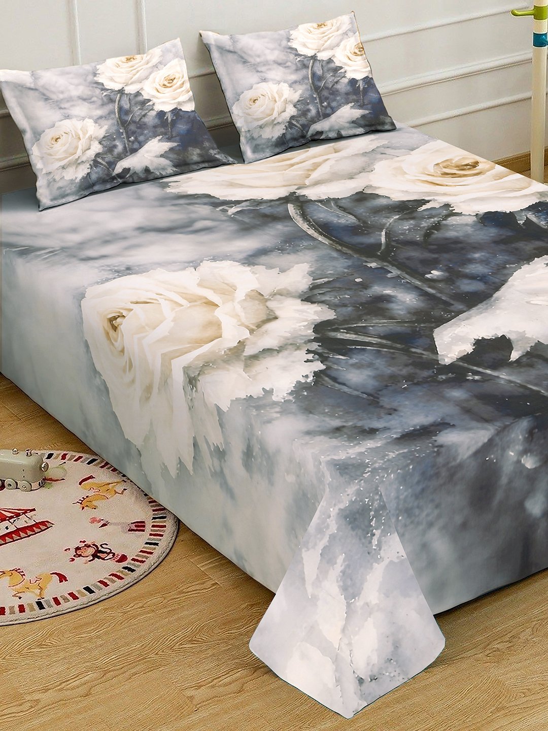 Grey Digital Floral Printed Cotton Blend Double Bedsheet with 2 Pillow Covers
