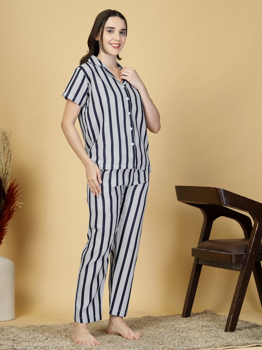 Women NavyBlue Striped Cotton Blend Night Suit